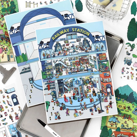 Cartoon Scène Decoratieve PET Stickers Voor DIY Scrapbooking Dagboek Treinstation Park Illustratie Deco Stickers
