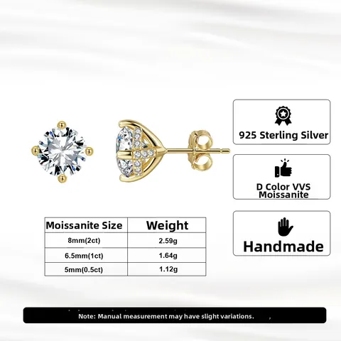 Pendientes de Botón de Moissanita Corte Redondo Elegante Con Poste de Plata de Ley 925 Color D VVS Joyería Oro Plata