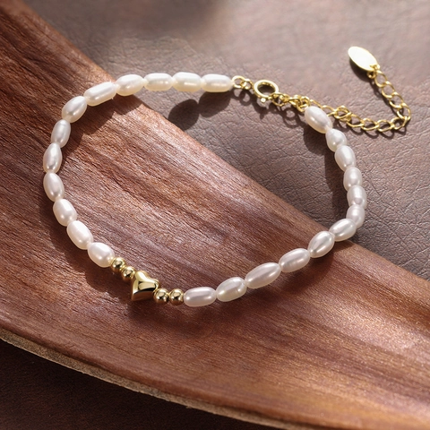 Pulsera de Plata de Ley 925 con Perla de Agua Dulce Natural y Colgante de Corazón Joyería Chapada en Oro 14K Regalo para Mujer