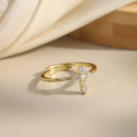 Anello Aperto a Croce in Moissanite in Argento Sterling 925 per Donna Placcato in Oro 14K Argento Anello Regolabile Gioielli Minimalisti Religiosi Regalo