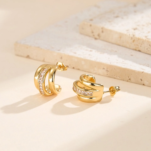Luxury C-Shaped 304 Stainless Steel Stud Earrings With Cubic Zirconia PVD Gold Plated Geometric Triple Row Earrings For Women