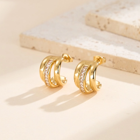 Luxury C-Shaped 304 Stainless Steel Stud Earrings With Cubic Zirconia PVD Gold Plated Geometric Triple Row Earrings For Women