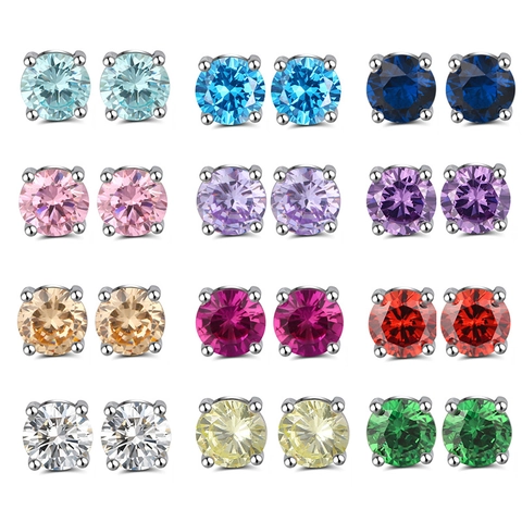 Boucles d'Oreilles Clous en Argent Sterling 925 Zircone Ronde Pierre de Naissance Femme 4 Griffes Bijoux Cadeau Anniversaire Zodiaque