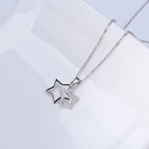 Collier Étoile en Argent Sterling 925 Pour Femmes Pendentif Double Étoile avec Strass Scintillants Bijoux de Mode Cadeau