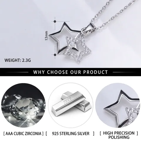 Collier Étoile en Argent Sterling 925 Pour Femmes Pendentif Double Étoile avec Strass Scintillants Bijoux de Mode Cadeau
