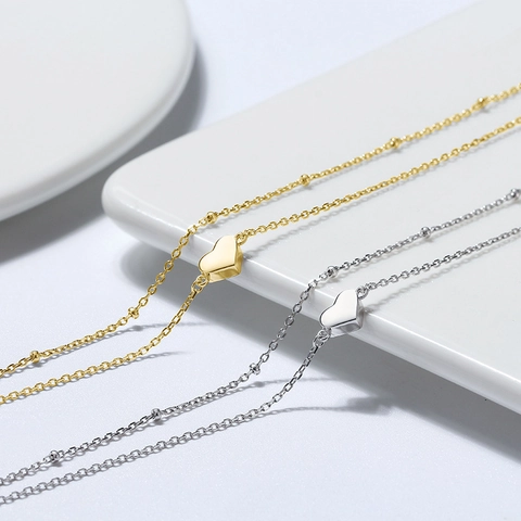 Tobillera de Plata de Ley 925 con Colgante de Corazón Cadena de Satélite de Doble Capa para Mujer Joyería de Playa Verano Oro Plata