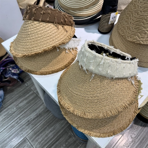 Women Summer Straw Open Top Sun Hat Large Brim UV Protection Beach Vacation Fringed Straw Hat Foldable Sun Visor Cap