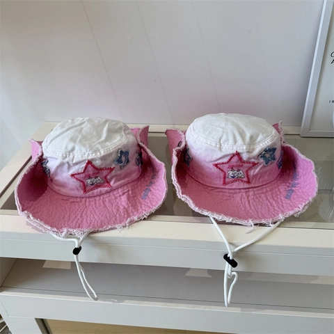Dames Roze Gradiënt Ster Gerafelde Katoenen Bucket Hat Met Winddicht Koord Zomer Zonbescherming Outdoor Chic Cowboy Hoed