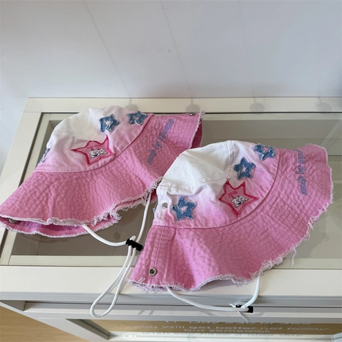 Dames Roze Gradiënt Ster Gerafelde Katoenen Bucket Hat Met Winddicht Koord Zomer Zonbescherming Outdoor Chic Cowboy Hoed