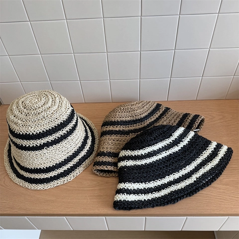 Dames Opvouwbare Gestreepte Strooien Zonnehoed Brede Rand Ademend Strandhoed Vakantie Zomer Casual Zonbescherming Vissershoed