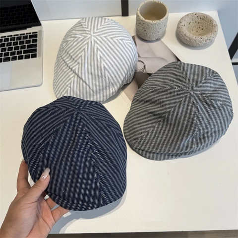 Japanese Retro Striped Beret For Women Summer Thin Breathable Newsboy Cap Casual Outdoor Sun Protection Adjustable Flat Cap Hat