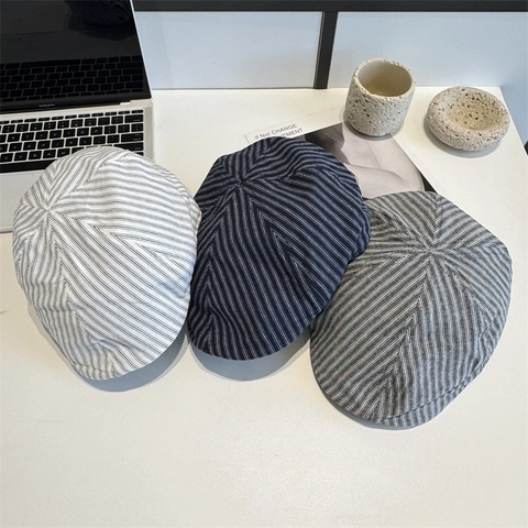 Japanese Retro Striped Beret For Women Summer Thin Breathable Newsboy Cap Casual Outdoor Sun Protection Adjustable Flat Cap Hat