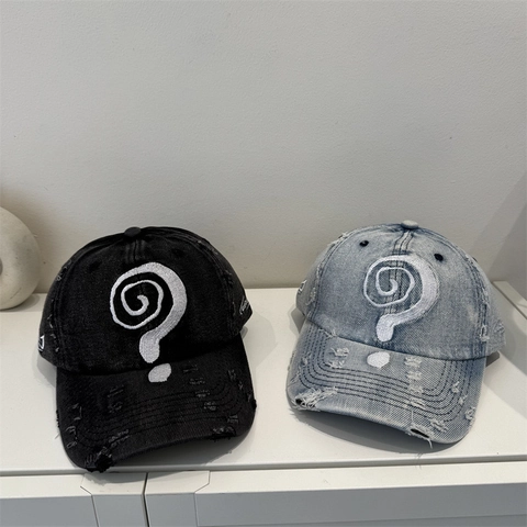 Amerikaanse Verweerde Denim Baseballpet Heren Dames Geborduurd Spiraal Vraagteken Gewassen Gescheurd Hip Hop Pet