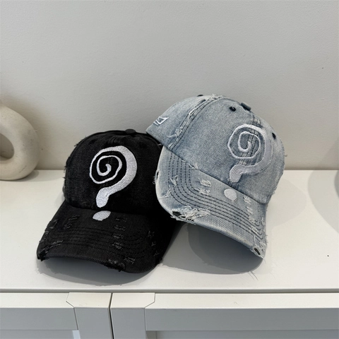 Amerikaanse Verweerde Denim Baseballpet Heren Dames Geborduurd Spiraal Vraagteken Gewassen Gescheurd Hip Hop Pet