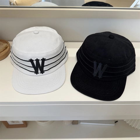 Unisex Retro Corduroy Flat Top Cadet Cap With Embroidered Letter W Stripe Casual Streetwear Adjustable Patrol Hat