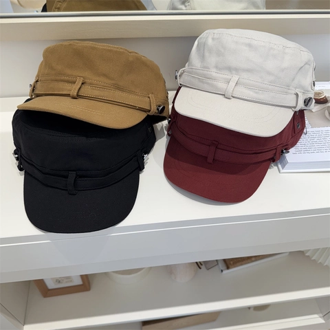 Berretto da Cadetto Vintage a Parte Superiore Piatta da Donna Regolabile in Poliestere Lavato Cappello Militare Parasole
