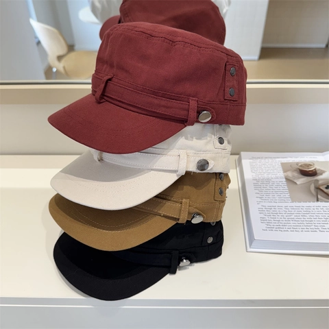 Berretto da Cadetto Vintage a Parte Superiore Piatta da Donna Regolabile in Poliestere Lavato Cappello Militare Parasole