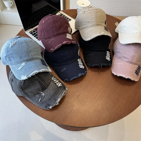 Gorra de Béisbol de Mezclilla Desgastada Vintage Mujer Hombre NEVER GIVE UP Bordado Algodón Lavado Ajustable Borde Deshilachado