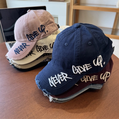 Gorra de Béisbol de Mezclilla Desgastada Vintage Mujer Hombre NEVER GIVE UP Bordado Algodón Lavado Ajustable Borde Deshilachado