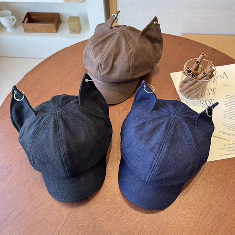 Süße Katzenohren Schiebermütze Mit Metallringen Einfarbige Polyester Baker Boy Hut Für Streetwear Casual Daily Damen Accessoire