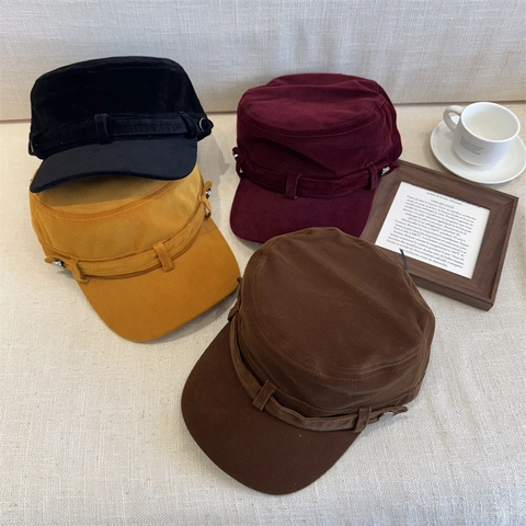Vintage Women's Corduroy Flat Top Cadet Cap Autumn Winter Fashion Solid Color Adjustable Military Hat Warm Baker Boy Cap