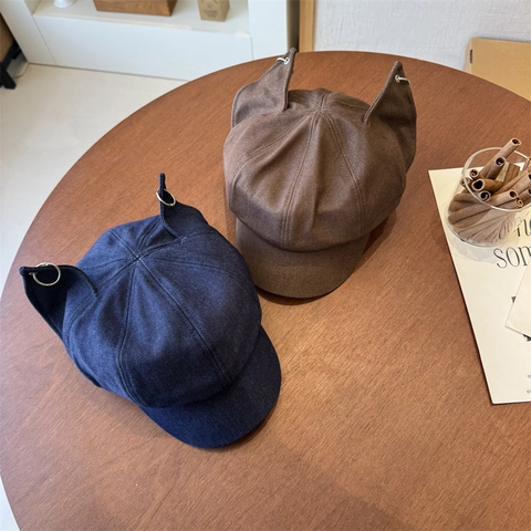 Süße Katzenohren Schiebermütze Mit Metallringen Einfarbige Polyester Baker Boy Hut Für Streetwear Casual Daily Damen Accessoire