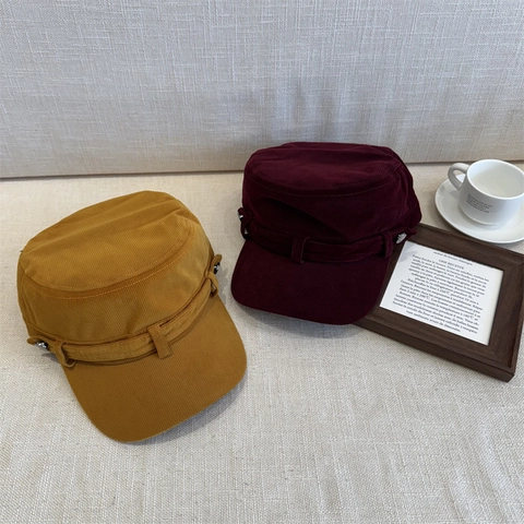 Vintage Women's Corduroy Flat Top Cadet Cap Autumn Winter Fashion Solid Color Adjustable Military Hat Warm Baker Boy Cap