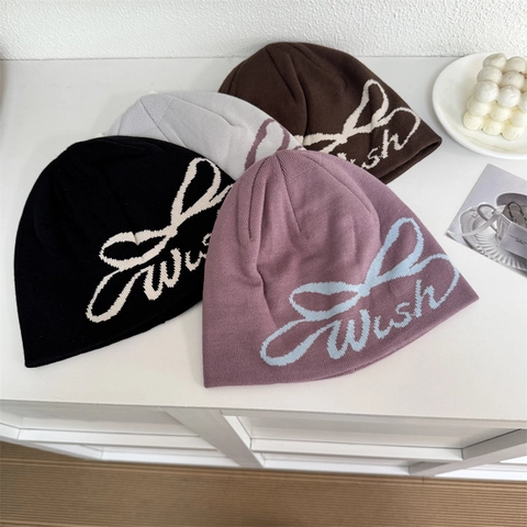 Amerikanische Streetwear Jacquard Strickmütze Für Damen Herren Herbst Winter Warme Schleife Wish Brief Muster Slouchy Skull Cap