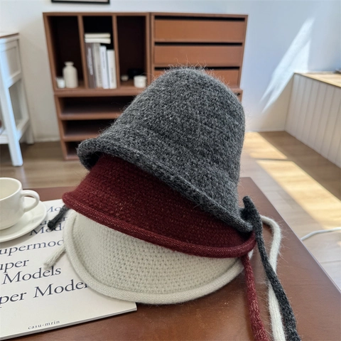 Women Vintage Knitted Bucket Hat With Ties Solid Color Warm Winter Autumn Short Brim Fisherman Hat Outdoor Casual Crochet Soft Cloche Hat