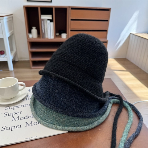 Women Vintage Knitted Bucket Hat With Ties Solid Color Warm Winter Autumn Short Brim Fisherman Hat Outdoor Casual Crochet Soft Cloche Hat
