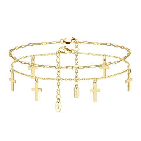 S925 Sterling Silver Anklet for Women 14K Gold Plated Double Layer Cross Heart Star Charm Adjustable Beach Jewelry