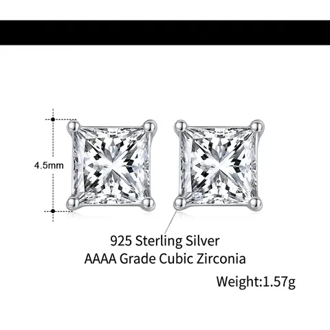 Princess Cut Square Zirconia Stud Earrings 925 Sterling Silver 14K Gold Plated Four-Prong Inlaid Jewelry For Women