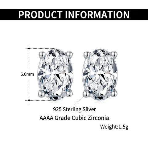 925 Sterling Silver Oval Cut Zirconia Stud Earrings For Women Classic Four-Prong Inlaid Electroplated Fashion Jewelry