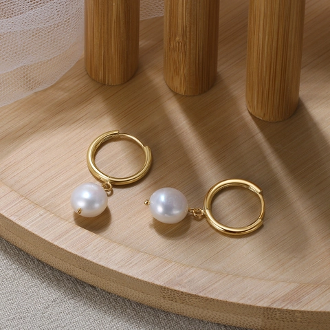 925 Sterling Silver Natural Baroque Pearl Hoop Earrings For Women Gold Plated Korean Style Minimalist Geometric Drop Earrings Jewelry