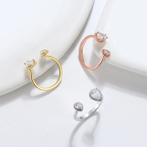 S925 Sterling Silver Adjustable Open Ring With Teardrop AAAA Zirconia Double Pear Cut Stones Plated Finger Ring For Women Jewelry