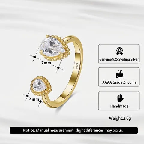 S925 Sterling Silver Adjustable Open Ring With Teardrop AAAA Zirconia Double Pear Cut Stones Plated Finger Ring For Women Jewelry
