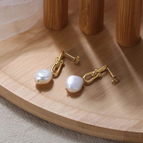 Minimalist 925 Sterling Silver Freshwater Pearl Earrings Baroque Pearl U-Link Drop Earrings Gold Plated Jewelry For Women