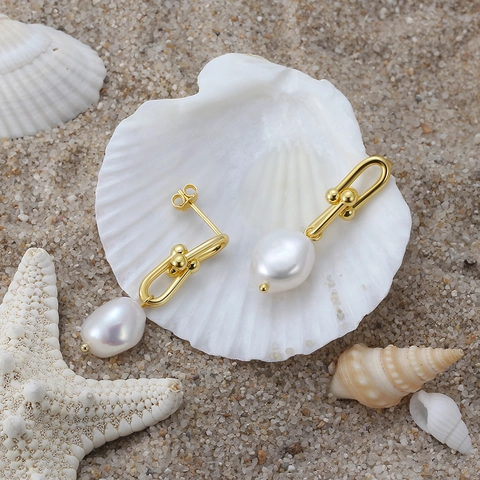 Minimalist 925 Sterling Silver Freshwater Pearl Earrings Baroque Pearl U-Link Drop Earrings Gold Plated Jewelry For Women