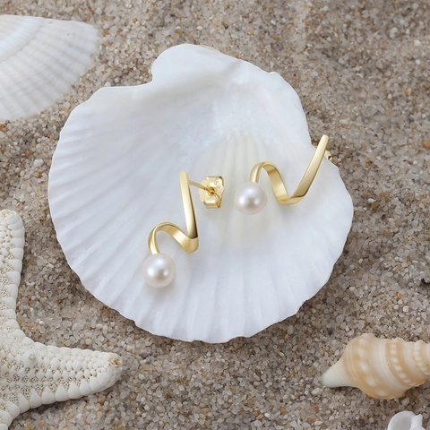 925 Sterling Silver Freshwater Pearl Stud Earrings For Women Korean Style Spiral Geometric Gold Plated Fashion Jewelry Accessories