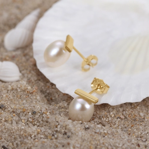 Minimalist 925 Sterling Silver Bar Freshwater Pearl Stud Earrings 14K Gold Plated Baroque Pearl Earrings For Women Fashion Jewelry