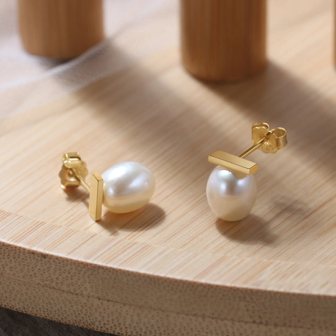 Minimalist 925 Sterling Silver Bar Freshwater Pearl Stud Earrings 14K Gold Plated Baroque Pearl Earrings For Women Fashion Jewelry