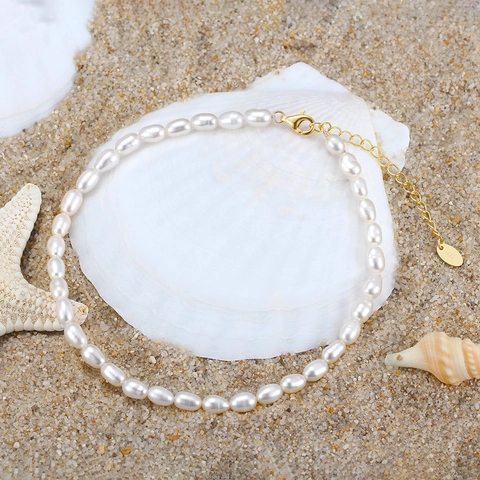 Minimalist S925 Sterling Silver Freshwater Pearl Anklet For Women 14K Gold Plated 3.5mm Pearl Beaded Foot Chain Jewelry