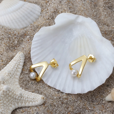 Orecchini a Bottone a Forma di V in Argento Sterling 925 Minimalisti Con Perla d'Acqua Dolce Barocca Naturale Gioielli Placcati in Oro per Donna