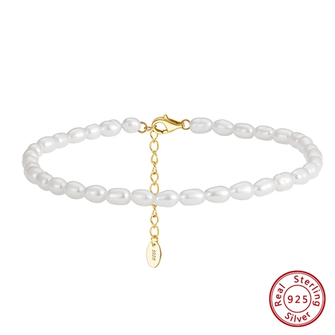 Minimalist S925 Sterling Silver Freshwater Pearl Anklet For Women 14K Gold Plated 3.5mm Pearl Beaded Foot Chain Jewelry