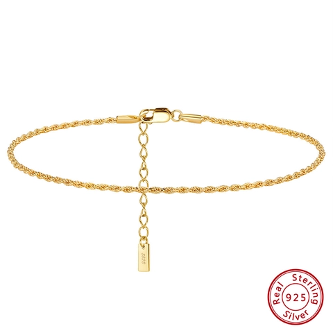 Minimalist 925 Sterling Silver Rope Chain Anklet For Women 14K Gold Plated Adjustable Summer Beach Foot Jewelry Elegant Twisted Chain Gift