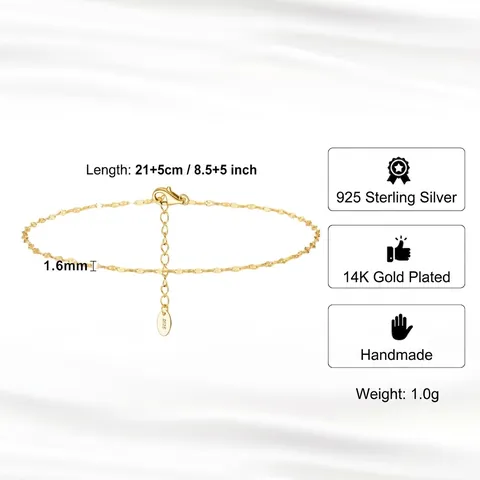 925 Sterling Silver Lip Chain Anklet For Women Adjustable Minimalist Flattened Link Foot Jewelry Summer Beach Accessory