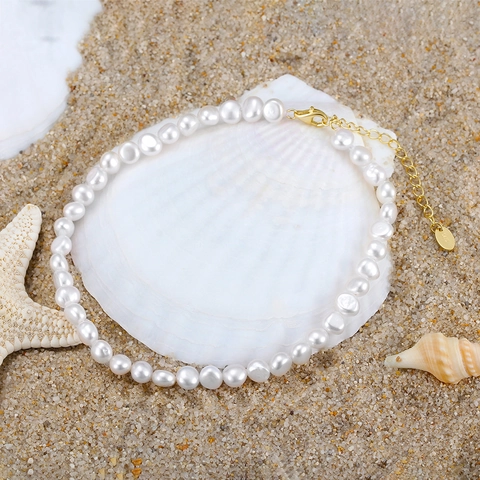 S925 Sterling Silver Baroque Freshwater Pearl Anklet 14K Gold Plated Beach Vacation Minimalist Jewelry For Women