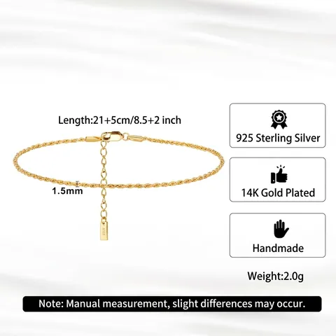 Minimalist 925 Sterling Silver Rope Chain Anklet For Women 14K Gold Plated Adjustable Summer Beach Foot Jewelry Elegant Twisted Chain Gift