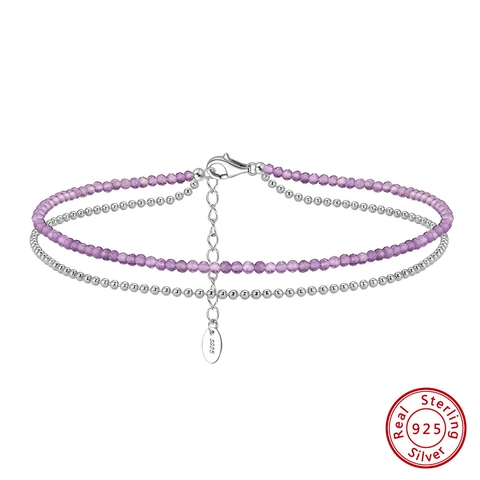 S925 Sterling Silver Double Row Anklet For Women Natural Purple Spinel Beaded Chain Minimalist Adjustable Foot Jewelry Gift