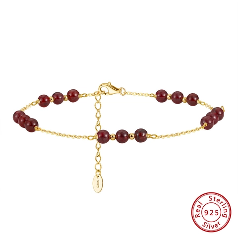 Cavigliera in Argento Sterling S925 Con Granato Naturale da Donna Placcata Oro 14K Catena a O Regolabile Gioielli da Spiaggia